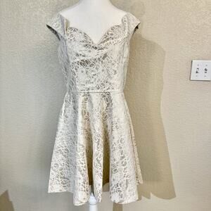 Trac Sz Large Gold White Cream Lace Fit and Flare Party Dress Off Shoulder